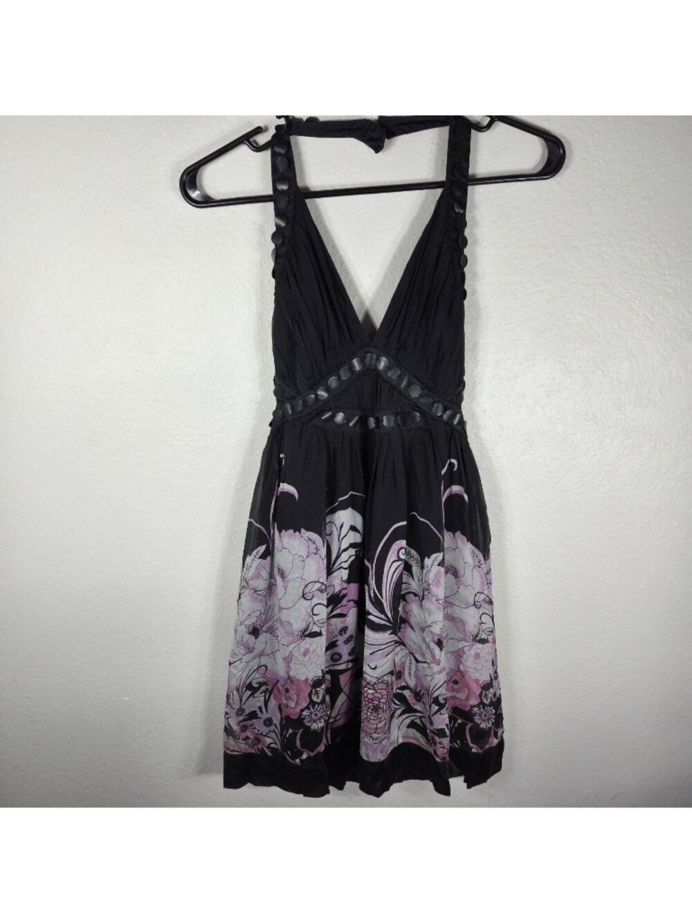 Bebe Vintage Y2K Silk Halter Mini Dress Black XXS Floral Pattern V-Neck Satin